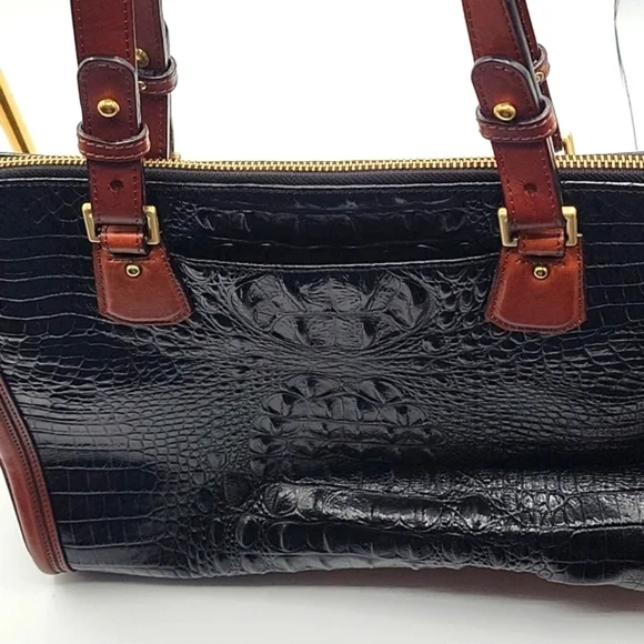 BRAHMIN Black Croc Embossed Crox Leather Shopper's Tote Cognac Leather Strap - Picture 8 of 15